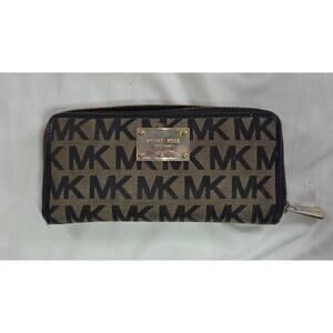 Michael Kors MK Logo Zip Around Continental Wallet Brown Black